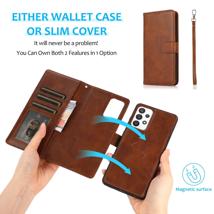 For Samsung Galaxy A32 Calf Texture 2 in 1 Detachable Magnetic Back Cover Horizontal Flip Leather Case with Holder & Card Slots & Wallet & Photo Frame(Brown) by buy2fix