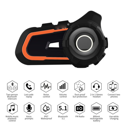 WUPP CS-1412B1 Bluetooth 5.1 S2 Motorcycle Helmet Full Duplex Bluetooth Intercom Headset Earphone(Orange) - Motorcycle Walkie Talkie by buy2fix | Online Shopping UK | buy2fix