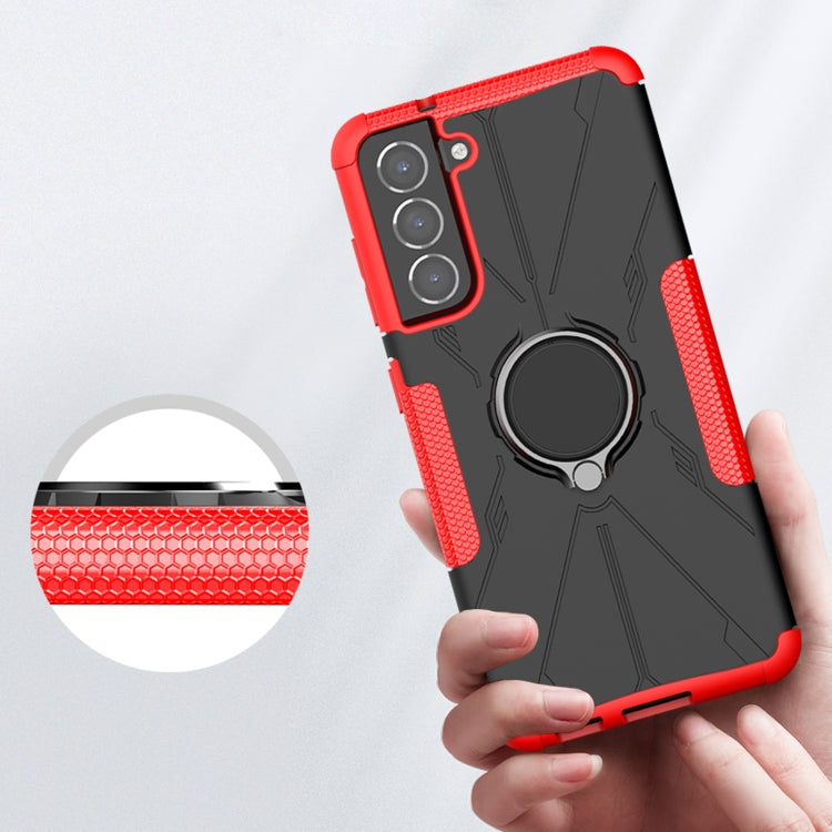 For Samsung Galaxy S21 FE Machine Armor Bear Shockproof PC + TPU Protective Case with Ring Holder(Red) by buy2fix