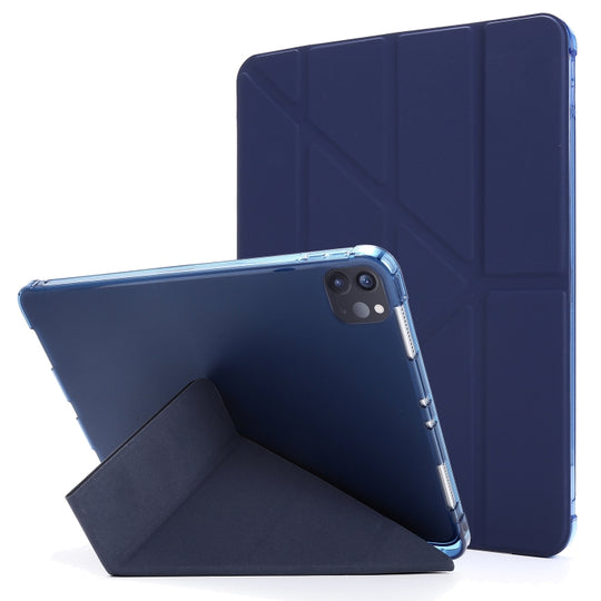 For iPad Air 13 2025 / 2024 / Pro 12.9 2022 / 2021 Multi-folding TPU Leather Tablet Case with Holder & Pen Slot(Dark Blue)