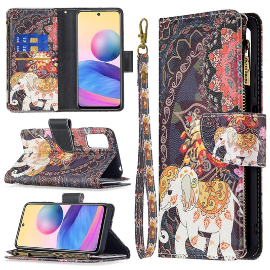 For Xiaomi Poco M3 Pro / Redmi Note 10 5G Colored Drawing Pattern Zipper Horizontal Flip Leather Case with Holder & Card Slots & Wallet(Flower Elephants) - Xiaomi Cases by buy2fix | Online Shopping UK | buy2fix