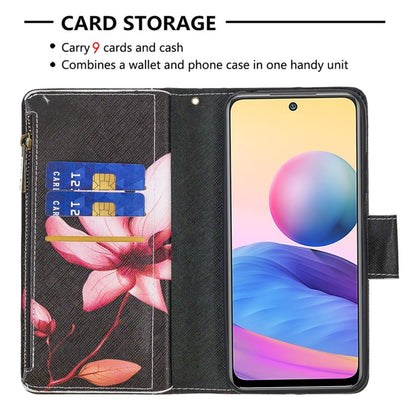 For Xiaomi Poco M3 Pro / Redmi Note 10 5G Colored Drawing Pattern Zipper Horizontal Flip Leather Case with Holder & Card Slots & Wallet(Lotus) - Xiaomi Cases by buy2fix | Online Shopping UK | buy2fix