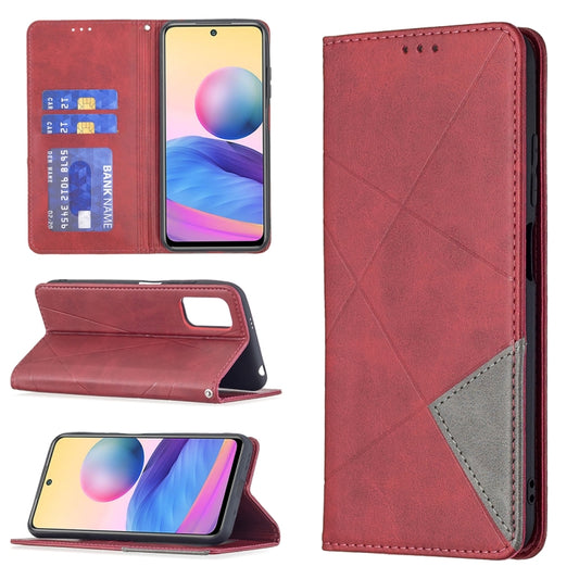 For Xiaomi Poco M3 Pro / Redmi Note 10 5G Rhombus Texture Horizontal Flip Magnetic Leather Case with Holder & Card Slots(Red) - Xiaomi Cases by buy2fix | Online Shopping UK | buy2fix