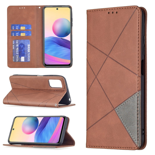 For Xiaomi Poco M3 Pro / Redmi Note 10 5G Rhombus Texture Horizontal Flip Magnetic Leather Case with Holder & Card Slots(Brown) - Xiaomi Cases by buy2fix | Online Shopping UK | buy2fix