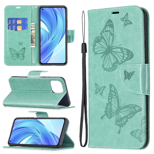 For Xiaomi Mi 11 Lite Embossing Two Butterflies Pattern Horizontal Flip PU Leather Case with Holder & Card Slot & Wallet & Lanyard(Green) - Xiaomi Cases by buy2fix | Online Shopping UK | buy2fix