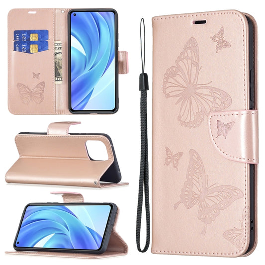 For Xiaomi Mi 11 Lite Embossing Two Butterflies Pattern Horizontal Flip PU Leather Case with Holder & Card Slot & Wallet & Lanyard(Rose Gold) - Xiaomi Cases by buy2fix | Online Shopping UK | buy2fix