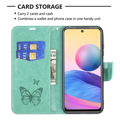 For Xiaomi Poco M3 Pro / Redmi Note 10 5G Embossing Two Butterflies Pattern Horizontal Flip PU Leather Case with Holder & Card Slot & Wallet & Lanyard(Green) - Xiaomi Cases by buy2fix | Online Shopping UK | buy2fix