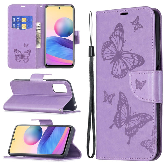 For Xiaomi Poco M3 Pro / Redmi Note 10 5G Embossing Two Butterflies Pattern Horizontal Flip PU Leather Case with Holder & Card Slot & Wallet & Lanyard(Purple) - Xiaomi Cases by buy2fix | Online Shopping UK | buy2fix