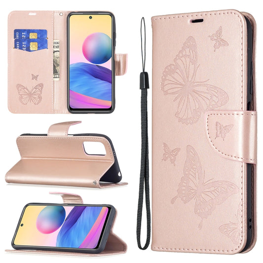 For Xiaomi Poco M3 Pro / Redmi Note 10 5G Embossing Two Butterflies Pattern Horizontal Flip PU Leather Case with Holder & Card Slot & Wallet & Lanyard(Rose Gold) - Xiaomi Cases by buy2fix | Online Shopping UK | buy2fix