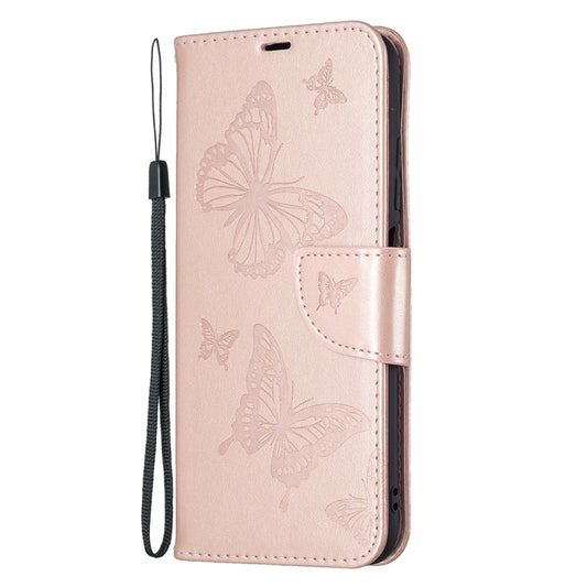For Xiaomi Poco M3 Pro / Redmi Note 10 5G Embossing Two Butterflies Pattern Horizontal Flip PU Leather Case with Holder & Card Slot & Wallet & Lanyard(Rose Gold) - Xiaomi Cases by buy2fix | Online Shopping UK | buy2fix