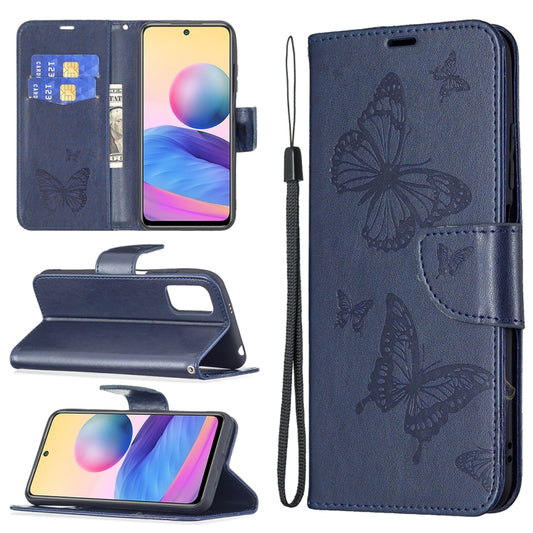 For Xiaomi Poco M3 Pro / Redmi Note 10 5G Embossing Two Butterflies Pattern Horizontal Flip PU Leather Case with Holder & Card Slot & Wallet & Lanyard(Blue) - Xiaomi Cases by buy2fix | Online Shopping UK | buy2fix