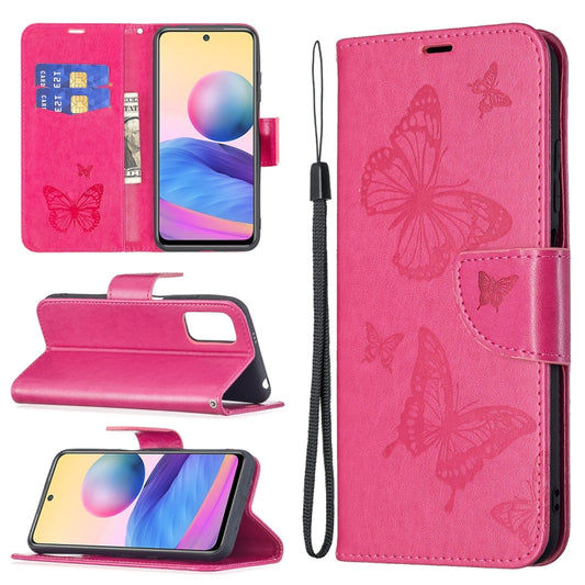 For Xiaomi Poco M3 Pro / Redmi Note 10 5G Embossing Two Butterflies Pattern Horizontal Flip PU Leather Case with Holder & Card Slot & Wallet & Lanyard(Rose Red) - Xiaomi Cases by buy2fix | Online Shopping UK | buy2fix