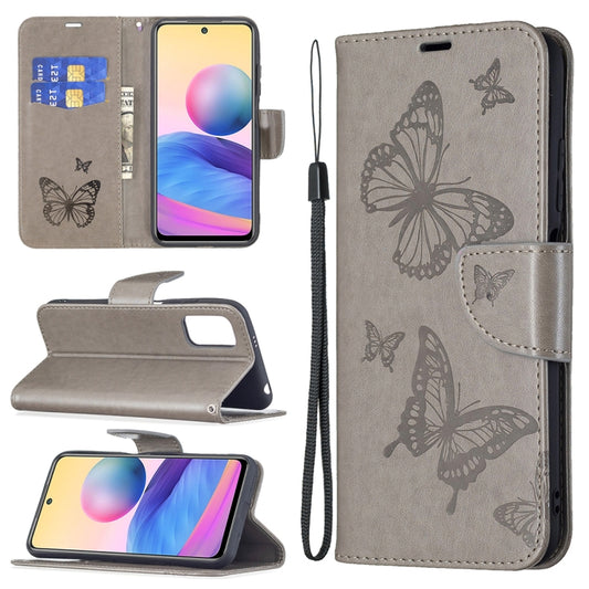 For Xiaomi Poco M3 Pro / Redmi Note 10 5G Embossing Two Butterflies Pattern Horizontal Flip PU Leather Case with Holder & Card Slot & Wallet & Lanyard(Grey) - Xiaomi Cases by buy2fix | Online Shopping UK | buy2fix
