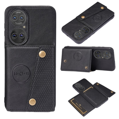 For Huawei P50 Double Buckle PU + TPU Shockproof Magnetic Protective Case with Card Slot & Holder(Black) - Huawei Cases by buy2fix | Online Shopping UK | buy2fix