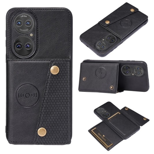 For Huawei P50 Double Buckle PU + TPU Shockproof Magnetic Protective Case with Card Slot & Holder(Black) - Huawei Cases by buy2fix | Online Shopping UK | buy2fix