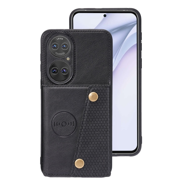 For Huawei P50 Double Buckle PU + TPU Shockproof Magnetic Protective Case with Card Slot & Holder(Black) - Huawei Cases by buy2fix | Online Shopping UK | buy2fix