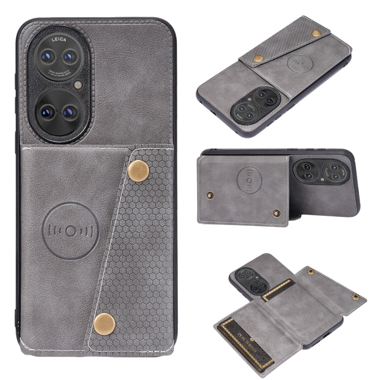 For Huawei P50 Double Buckle PU + TPU Shockproof Magnetic Protective Case with Card Slot & Holder(Grey) - Huawei Cases by buy2fix | Online Shopping UK | buy2fix