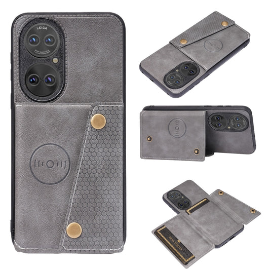 For Huawei P50 Double Buckle PU + TPU Shockproof Magnetic Protective Case with Card Slot & Holder(Grey) - Huawei Cases by buy2fix | Online Shopping UK | buy2fix