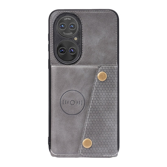 For Huawei P50 Double Buckle PU + TPU Shockproof Magnetic Protective Case with Card Slot & Holder(Grey) - Huawei Cases by buy2fix | Online Shopping UK | buy2fix