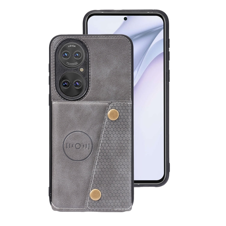 For Huawei P50 Double Buckle PU + TPU Shockproof Magnetic Protective Case with Card Slot & Holder(Grey) - Huawei Cases by buy2fix | Online Shopping UK | buy2fix