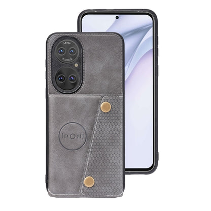 For Huawei P50 Double Buckle PU + TPU Shockproof Magnetic Protective Case with Card Slot & Holder(Grey) - Huawei Cases by buy2fix | Online Shopping UK | buy2fix
