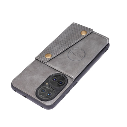 For Huawei P50 Double Buckle PU + TPU Shockproof Magnetic Protective Case with Card Slot & Holder(Grey) - Huawei Cases by buy2fix | Online Shopping UK | buy2fix