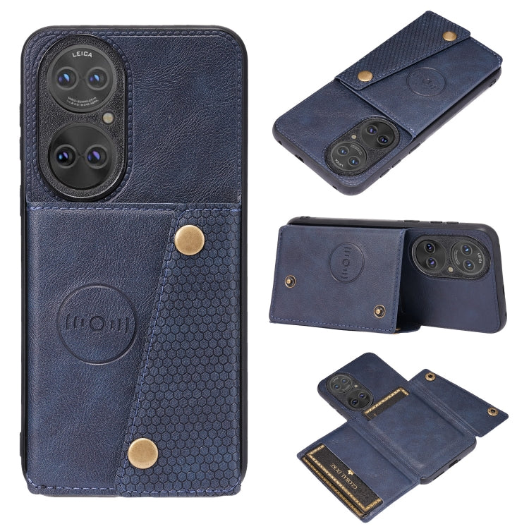 For Huawei P50 Double Buckle PU + TPU Shockproof Magnetic Protective Case with Card Slot & Holder(Blue) - Huawei Cases by buy2fix | Online Shopping UK | buy2fix