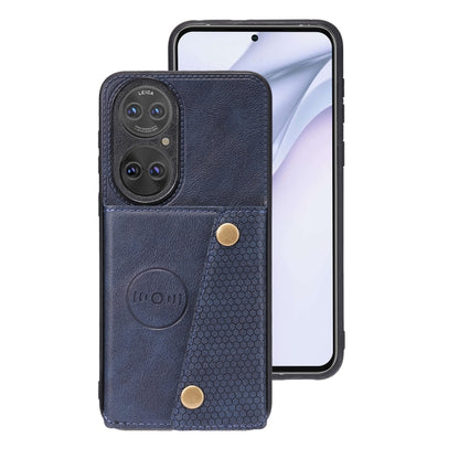 For Huawei P50 Double Buckle PU + TPU Shockproof Magnetic Protective Case with Card Slot & Holder(Blue) - Huawei Cases by buy2fix | Online Shopping UK | buy2fix