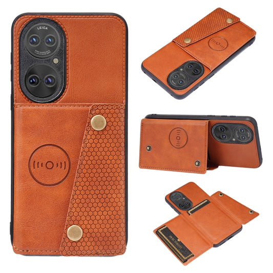 For Huawei P50 Double Buckle PU + TPU Shockproof Magnetic Protective Case with Card Slot & Holder(Brown) - Huawei Cases by buy2fix | Online Shopping UK | buy2fix