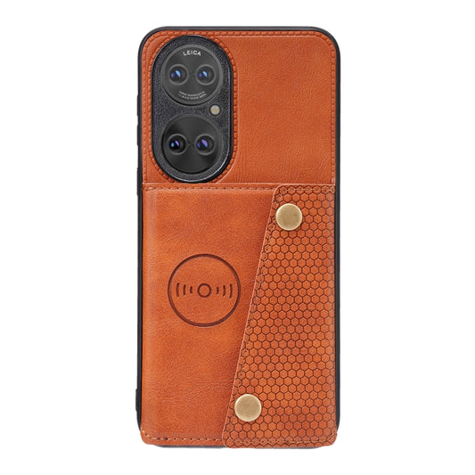 For Huawei P50 Double Buckle PU + TPU Shockproof Magnetic Protective Case with Card Slot & Holder(Brown) - Huawei Cases by buy2fix | Online Shopping UK | buy2fix