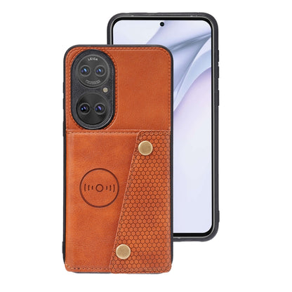 For Huawei P50 Double Buckle PU + TPU Shockproof Magnetic Protective Case with Card Slot & Holder(Brown) - Huawei Cases by buy2fix | Online Shopping UK | buy2fix