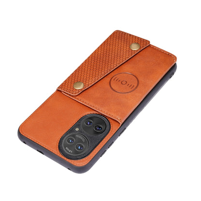 For Huawei P50 Double Buckle PU + TPU Shockproof Magnetic Protective Case with Card Slot & Holder(Brown) - Huawei Cases by buy2fix | Online Shopping UK | buy2fix
