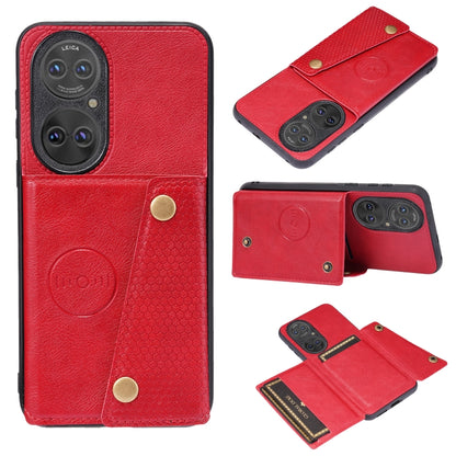 For Huawei P50 Double Buckle PU + TPU Shockproof Magnetic Protective Case with Card Slot & Holder(Red) - Huawei Cases by buy2fix | Online Shopping UK | buy2fix