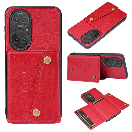 For Huawei P50 Double Buckle PU + TPU Shockproof Magnetic Protective Case with Card Slot & Holder(Red) - Huawei Cases by buy2fix | Online Shopping UK | buy2fix