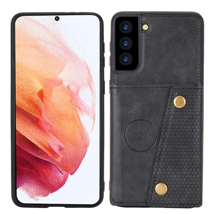 For Samsung Galaxy S21 FE Double Buckle PU + TPU Shockproof Magnetic Protective Case with Card Slot & Holder(Black) by buy2fix