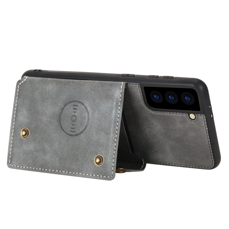 For Samsung Galaxy S21 FE Double Buckle PU + TPU Shockproof Magnetic Protective Case with Card Slot & Holder(Grey) by buy2fix