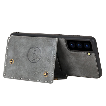 For Samsung Galaxy S21 FE Double Buckle PU + TPU Shockproof Magnetic Protective Case with Card Slot & Holder(Grey) by buy2fix