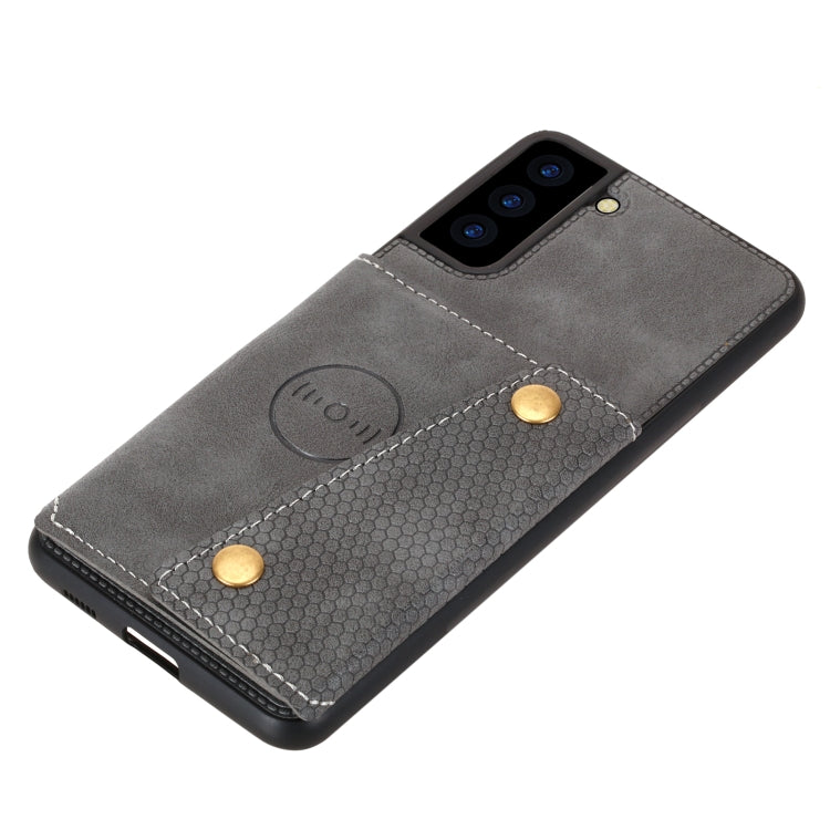 For Samsung Galaxy S21 FE Double Buckle PU + TPU Shockproof Magnetic Protective Case with Card Slot & Holder(Grey) by buy2fix