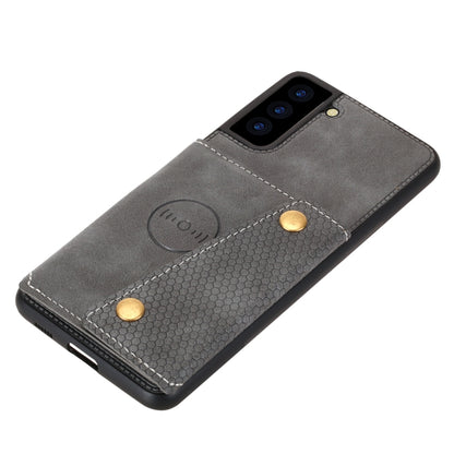 For Samsung Galaxy S21 FE Double Buckle PU + TPU Shockproof Magnetic Protective Case with Card Slot & Holder(Grey) by buy2fix