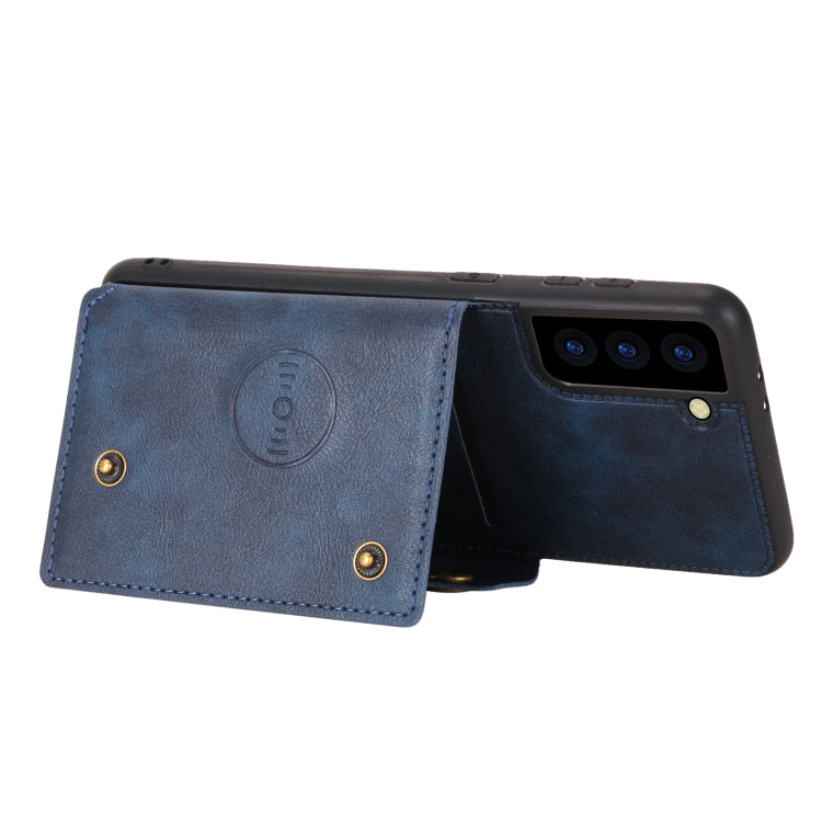 For Samsung Galaxy S21 FE Double Buckle PU + TPU Shockproof Magnetic Protective Case with Card Slot & Holder(Blue) by buy2fix