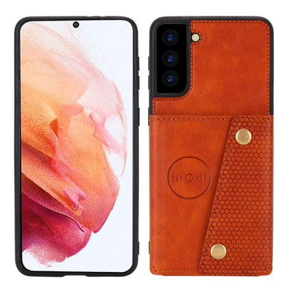 For Samsung Galaxy S21 FE Double Buckle PU + TPU Shockproof Magnetic Protective Case with Card Slot & Holder(Brown) by buy2fix