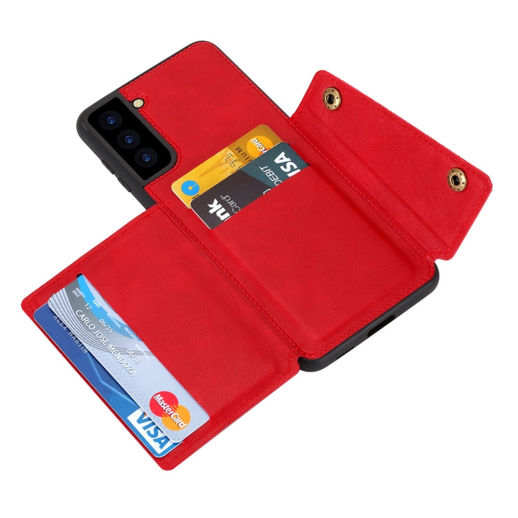 For Samsung Galaxy S21 FE Double Buckle PU + TPU Shockproof Magnetic Protective Case with Card Slot & Holder(Red) by buy2fix