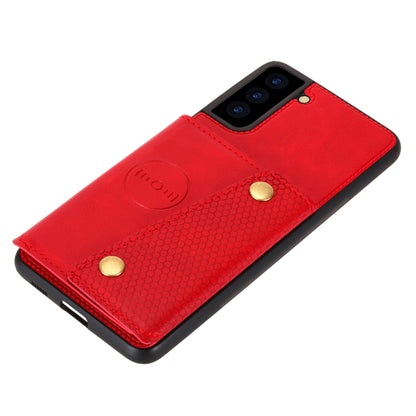 For Samsung Galaxy S21 FE Double Buckle PU + TPU Shockproof Magnetic Protective Case with Card Slot & Holder(Red) by buy2fix