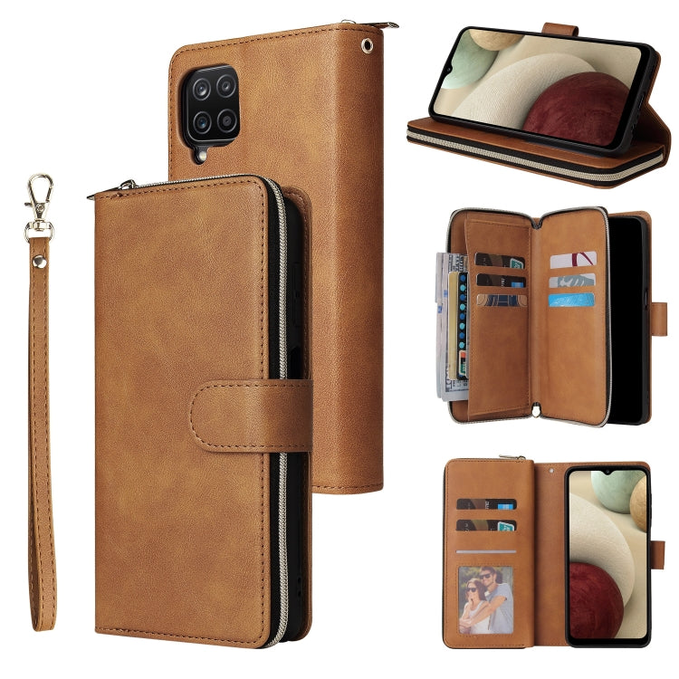 For Samsung Galaxy A12 5G Zipper Wallet Bag Horizontal Flip PU Leather Case with Holder & 9 Card Slots & Wallet & Lanyard & Photo Frame(Brown) by buy2fix