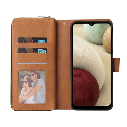 For Samsung Galaxy A12 5G Zipper Wallet Bag Horizontal Flip PU Leather Case with Holder & 9 Card Slots & Wallet & Lanyard & Photo Frame(Brown) by buy2fix