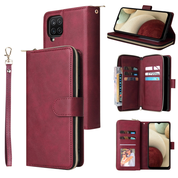 For Samsung Galaxy A12 5G Zipper Wallet Bag Horizontal Flip PU Leather Case with Holder & 9 Card Slots & Wallet & Lanyard & Photo Frame(Red Wine) by buy2fix