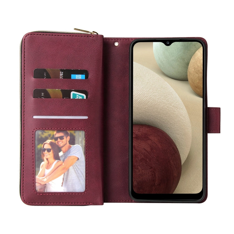 For Samsung Galaxy A12 5G Zipper Wallet Bag Horizontal Flip PU Leather Case with Holder & 9 Card Slots & Wallet & Lanyard & Photo Frame(Red Wine) by buy2fix