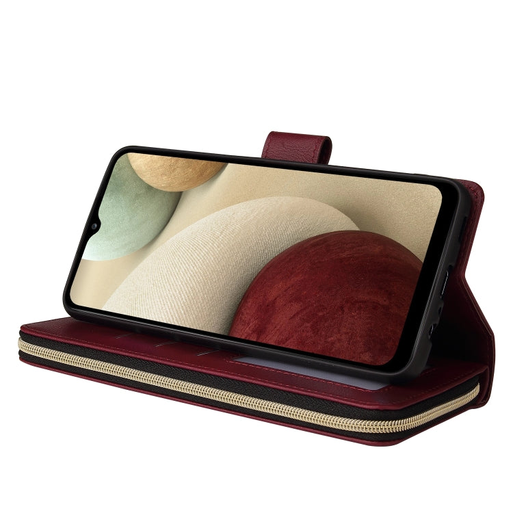 For Samsung Galaxy A12 5G Zipper Wallet Bag Horizontal Flip PU Leather Case with Holder & 9 Card Slots & Wallet & Lanyard & Photo Frame(Red Wine) by buy2fix