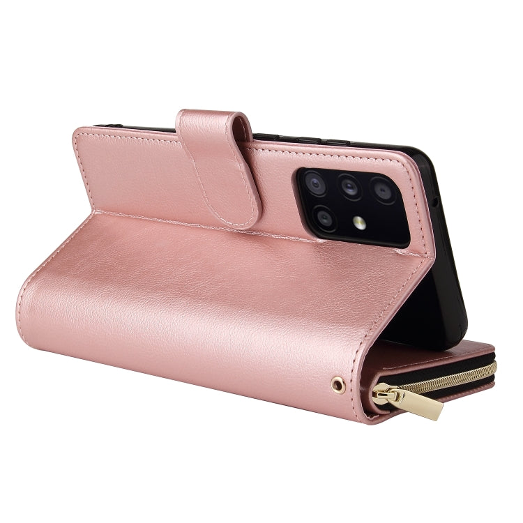 For Samsung Galaxy A52 5G Zipper Wallet Bag Horizontal Flip PU Leather Case with Holder & 9 Card Slots & Wallet & Lanyard & Photo Frame(Rose Gold) by buy2fix