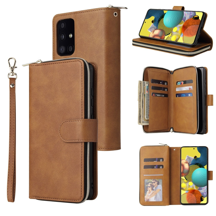 For Samsung Galaxy A52 5G Zipper Wallet Bag Horizontal Flip PU Leather Case with Holder & 9 Card Slots & Wallet & Lanyard & Photo Frame(Brown) by buy2fix